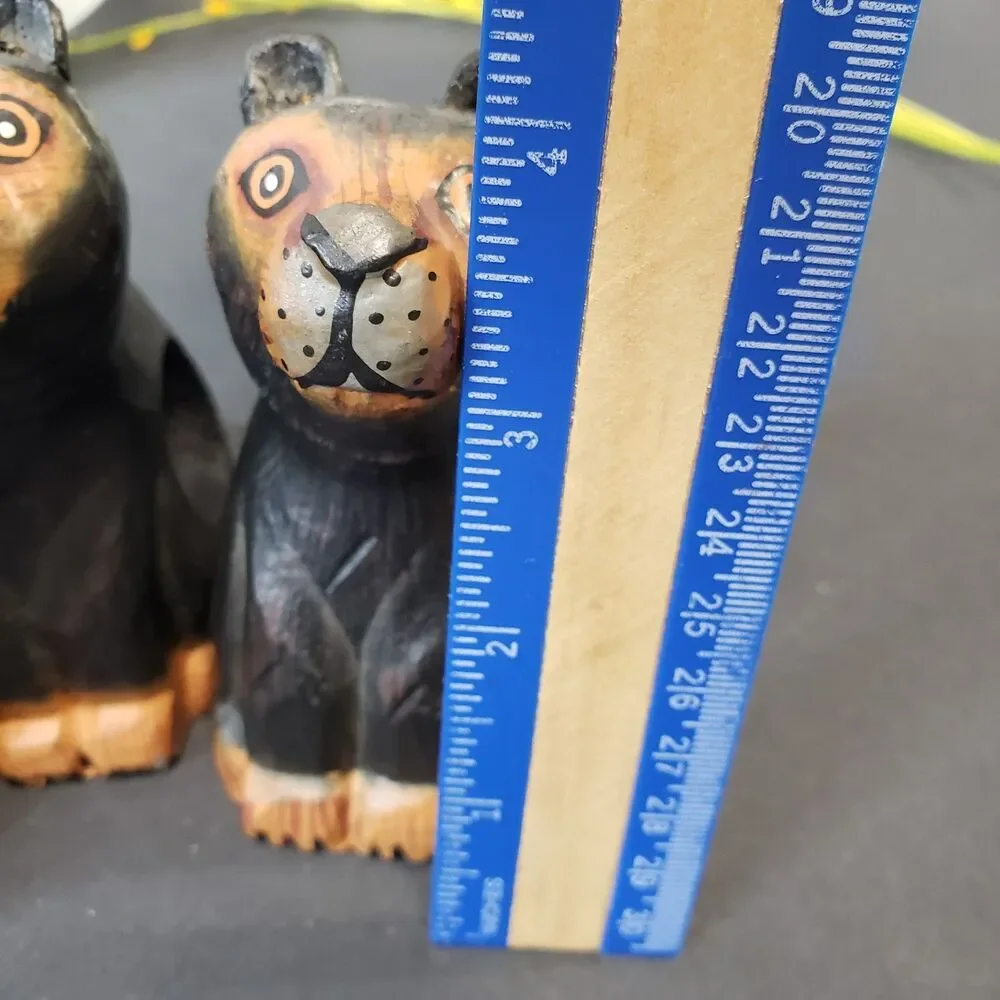 Farmhouse Primitive Hand Carved Wooden Black Bear Napkin Holders Rings Set of 4